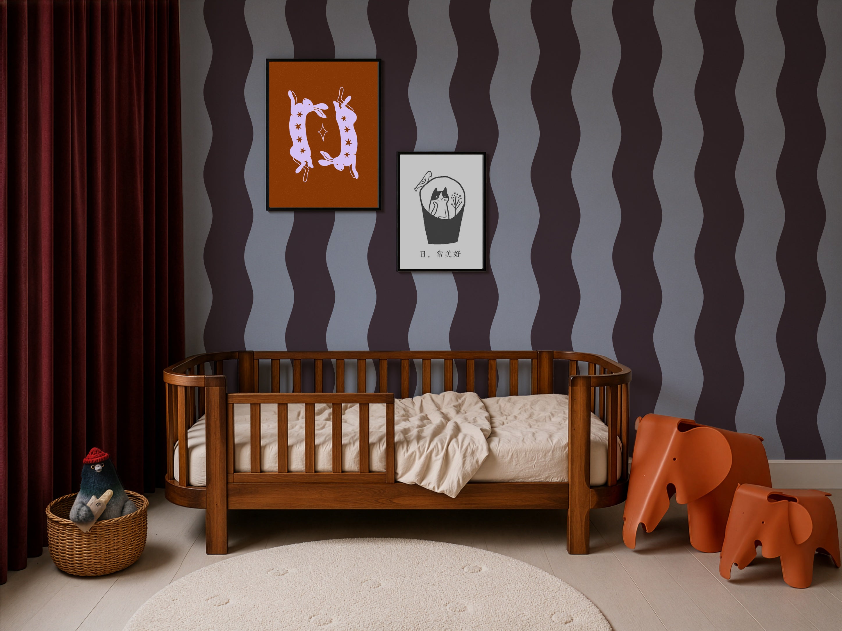 Wallpaper Wave Stripe Deep Burgundy